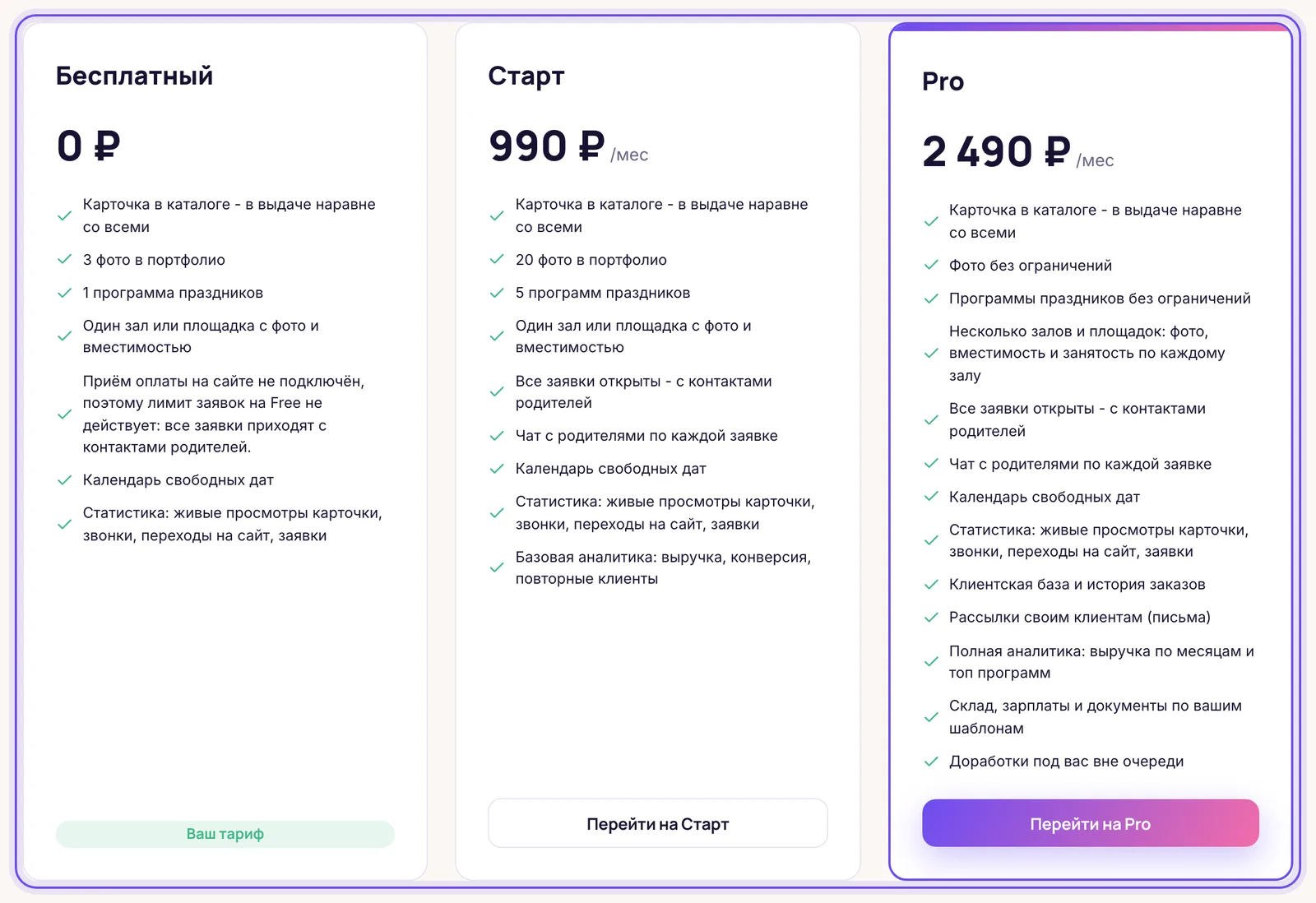 Тарифы в кабинете